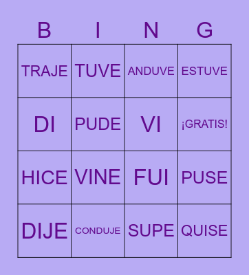 Irregular Preterite Bingo Card