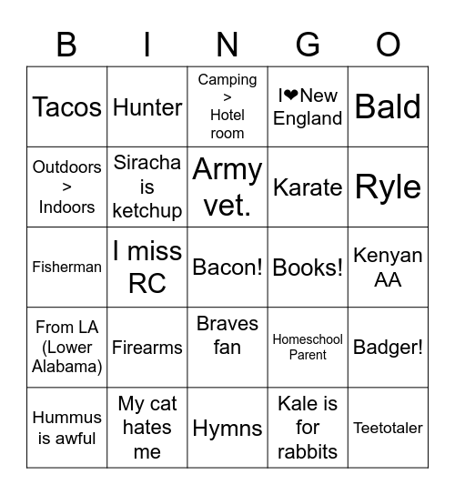 E. Tilley Bingo Card