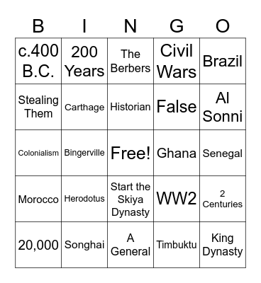 West Afrcia Bingo Card