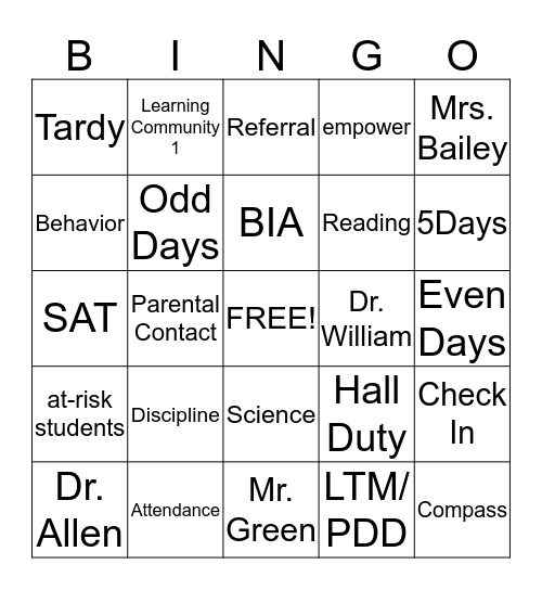 Turning Point Academy Bingo Card