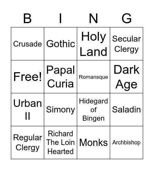 Crusades Bingo Card
