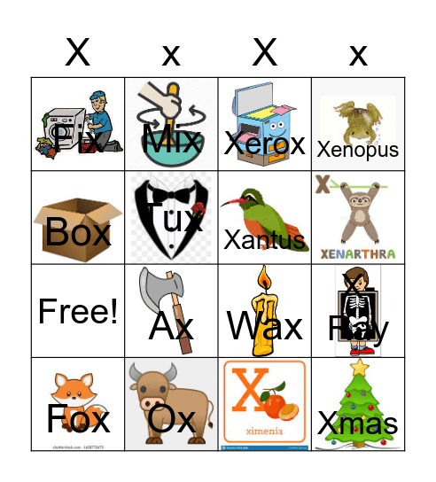 Letter X Bingo Card
