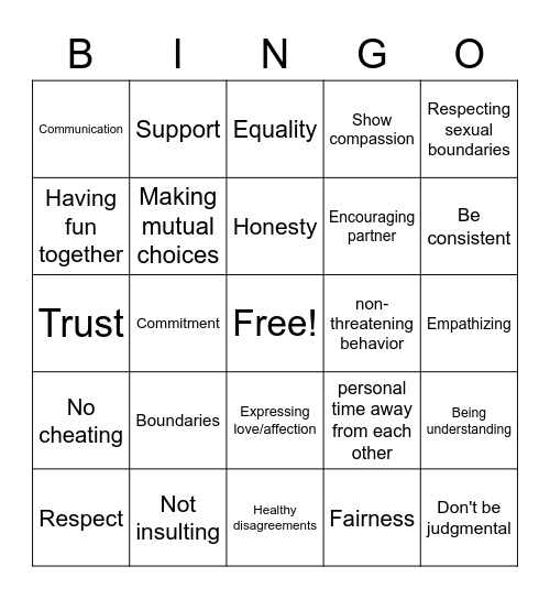 Healthy Relationships Bingo Card