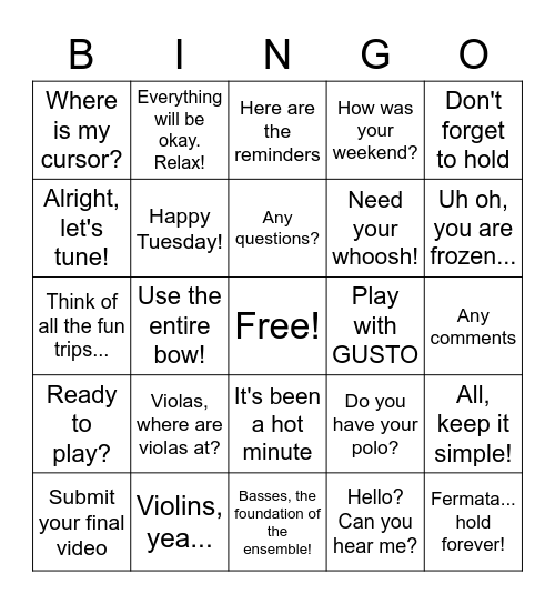 Orchestra Bingo Card