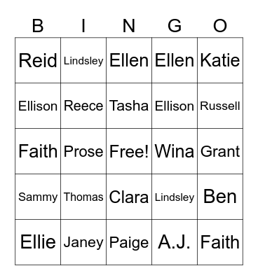 Family Bingo Card