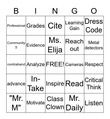 Turning Points Academy Bingo Card