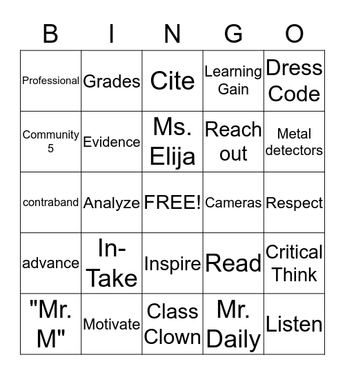 Turning Points Academy Bingo Card
