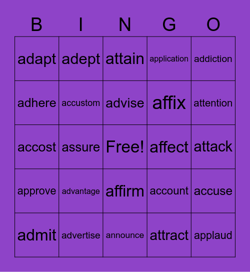 ad- prefix (and chameleons) Bingo Card