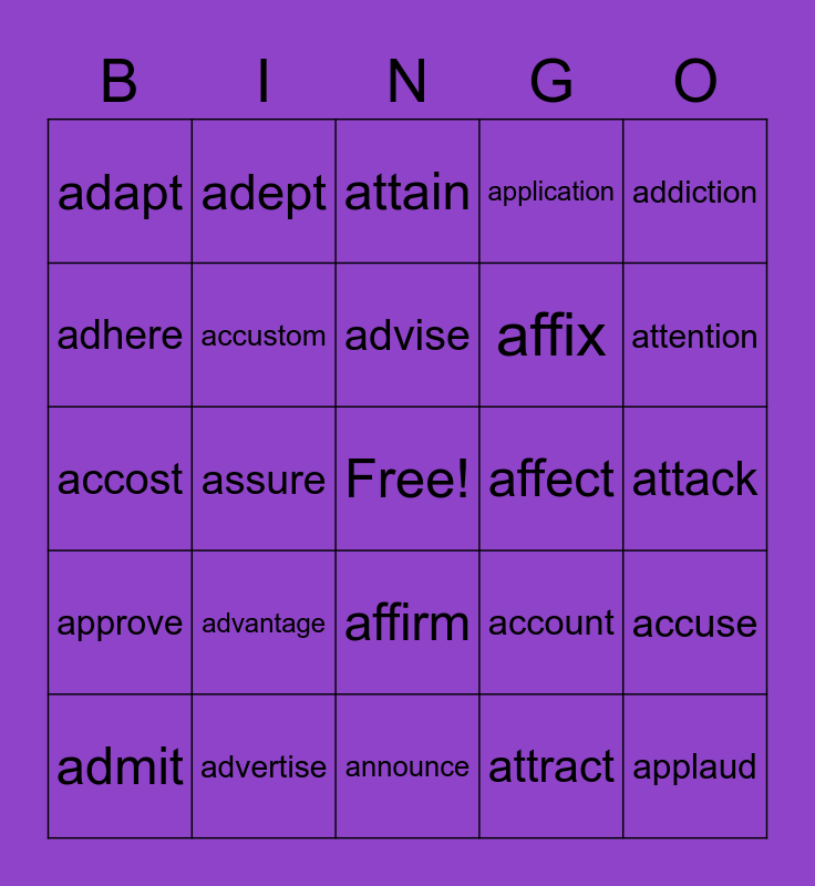 ad- prefix (and chameleons) Bingo Card