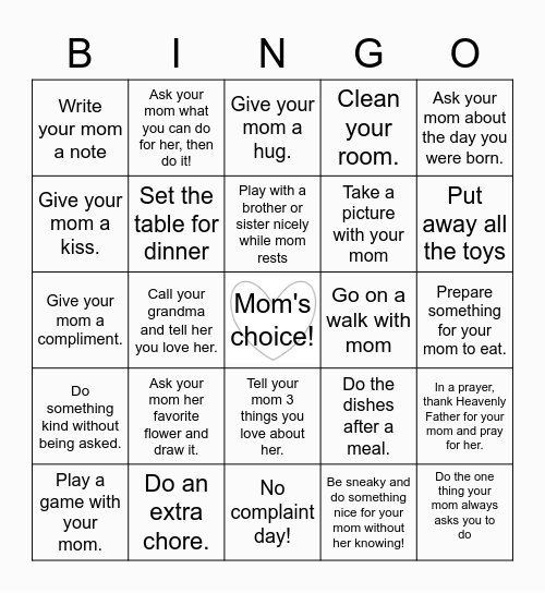 Treat Your Mom Bingo Card