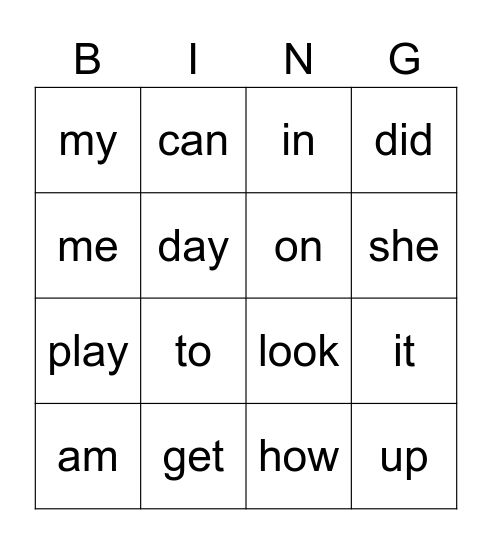 Snap Word Bingo Card