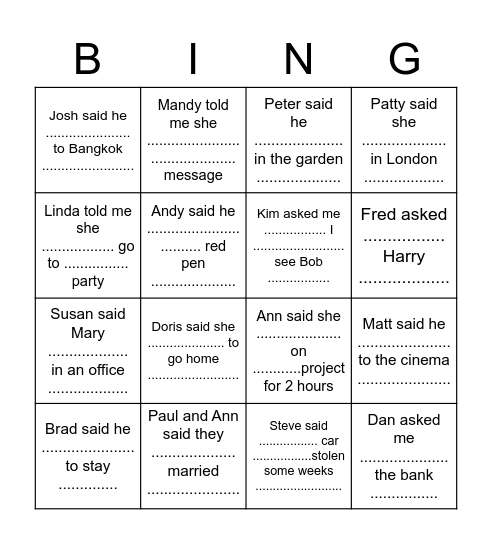 reported speech Bingo Card