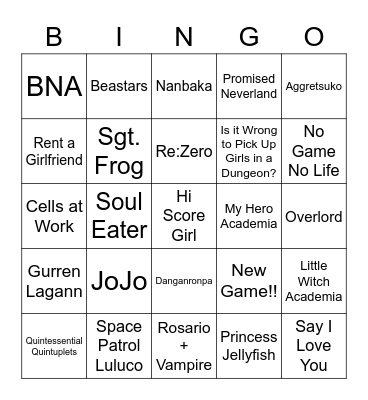 Kai's Anime Bingo Card