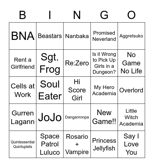 Kai's Anime Bingo Card