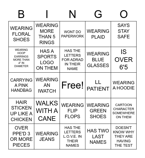 Epic Patient Bingo Card