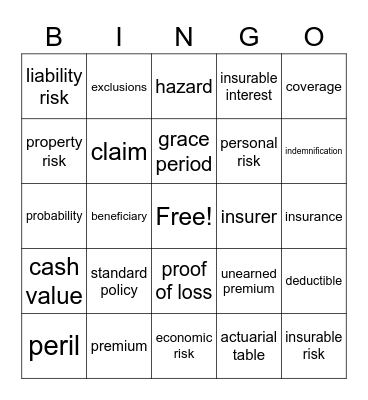 Intro to Insurance Bingo Card