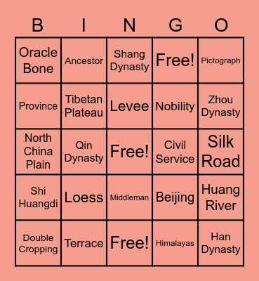 China Vocabulary Bingo Card