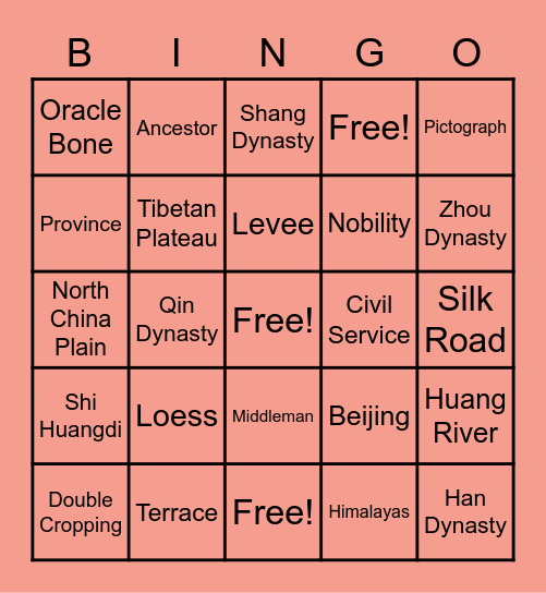 China Vocabulary Bingo Card
