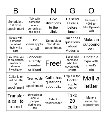 COVID-19 Call Center Bingo Card