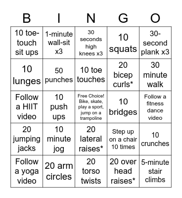 Physical Activity Bingo Card