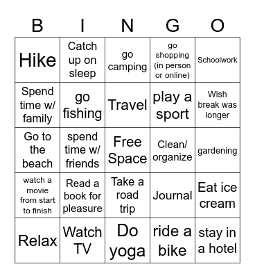 Spring Break Bingo Card