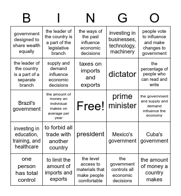 Government and Economy Bingo Card