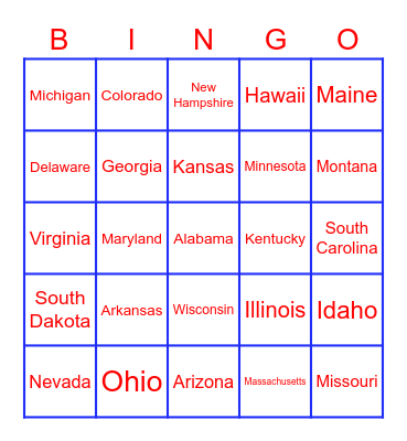 50 States Bingo Card