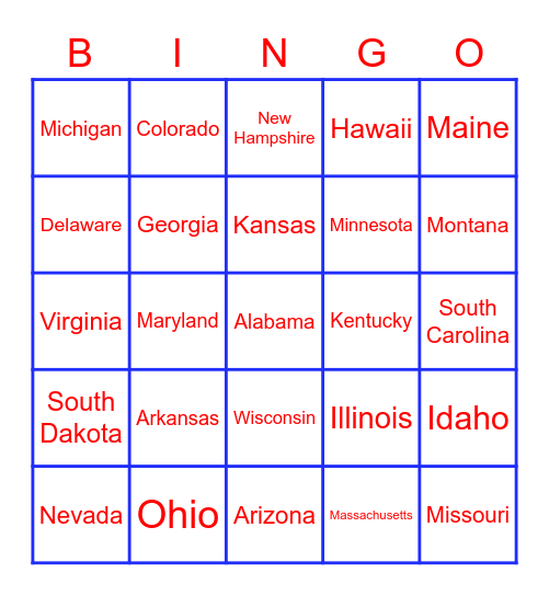 50 States Bingo Card