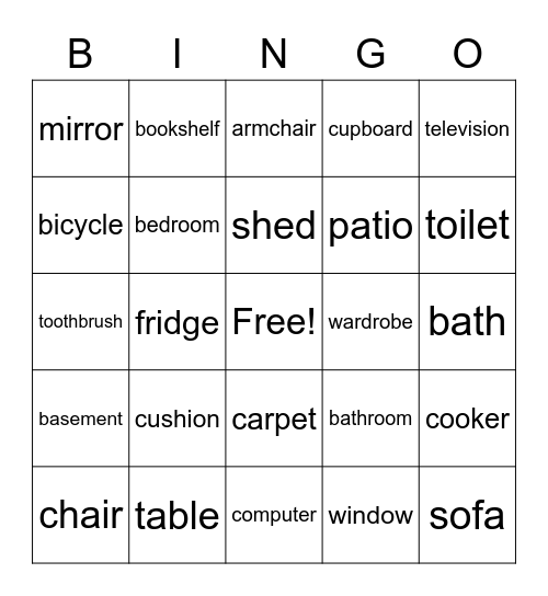 Rooms and Things in the House Bingo Card