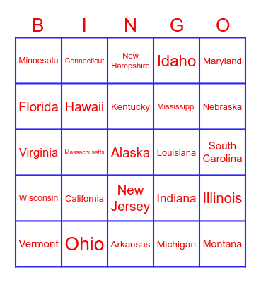 50 STATES BINGO Card