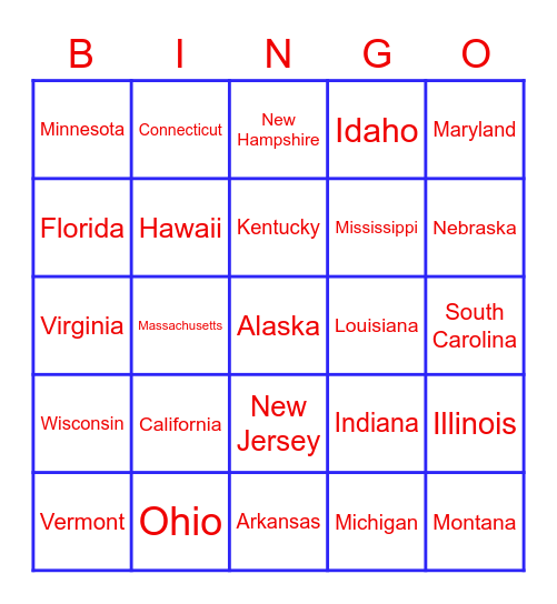 50 STATES BINGO Card