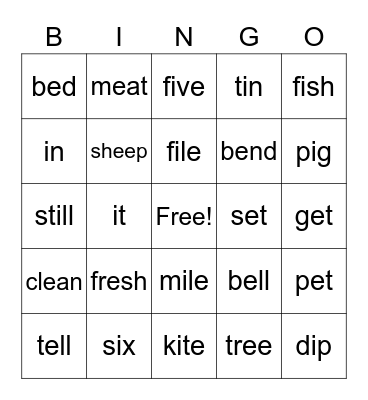 E & I Vowel Sounds Bingo Card