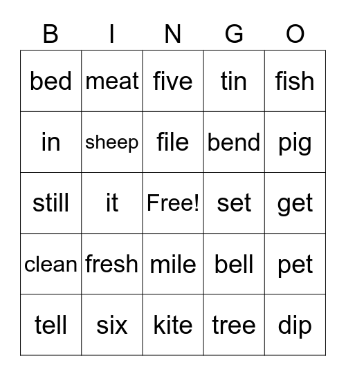 E & I Vowel Sounds Bingo Card