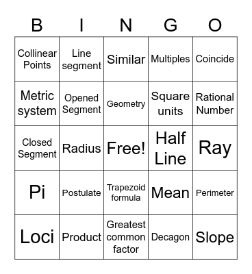 Geometry Bingo Card