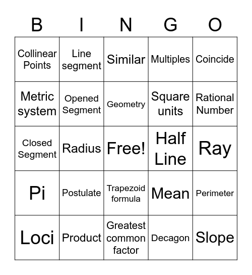 Geometry Bingo Card