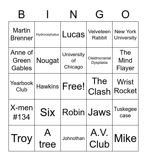 Stranger Things Bingo Card