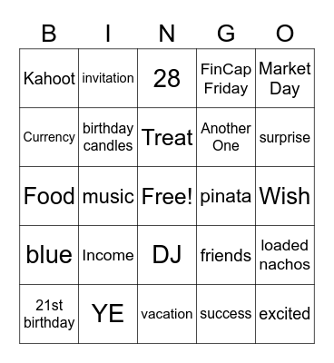 Mr. Rich's Birthday Party Bingo Card