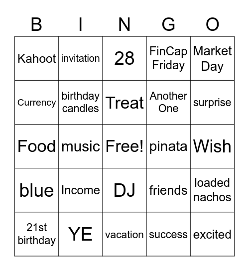 Mr. Rich's Birthday Party Bingo Card