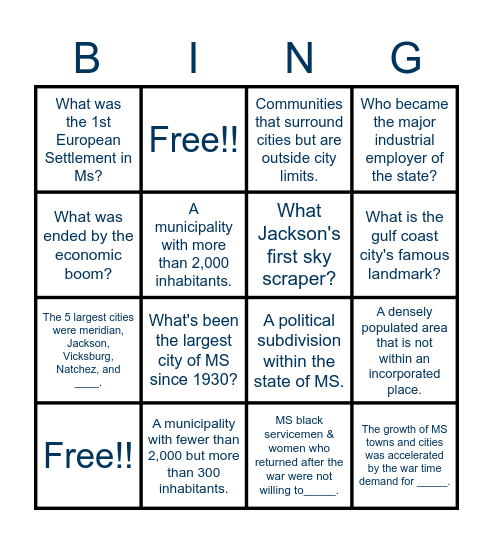 Mississippi Studies BINGO Card