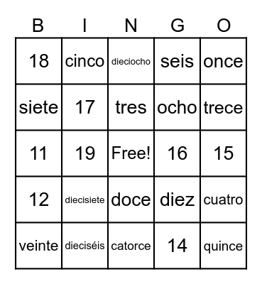 1 - 20 Números Bingo Card