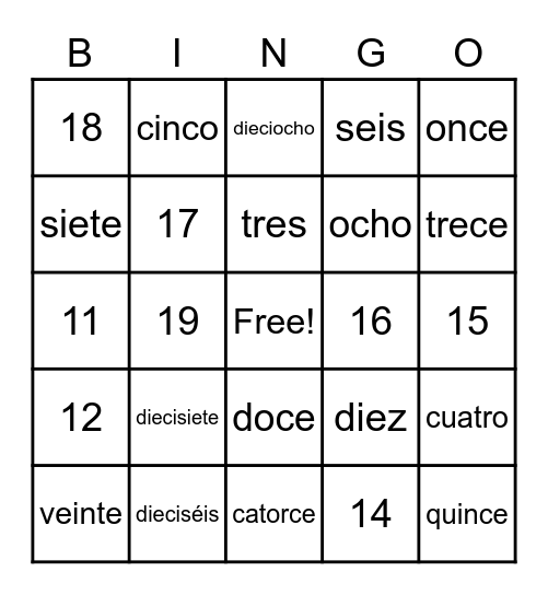 1 - 20 Números Bingo Card