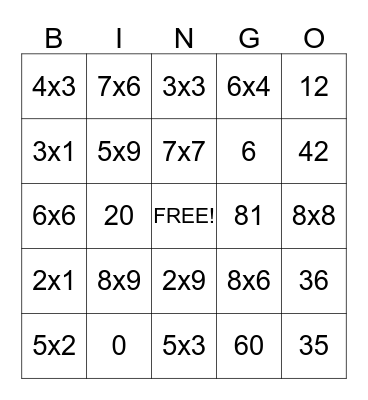 Multiplication Bing Bingo Card