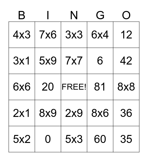 Multiplication Bing Bingo Card