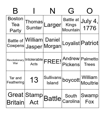 Revolutionary War  Bingo Card