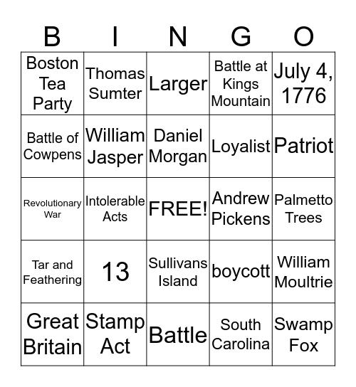 Revolutionary War  Bingo Card