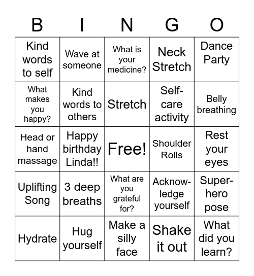 Wellness Bingo Card