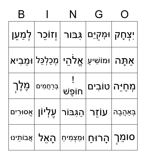 Avot/ G'vurot Bingo Card