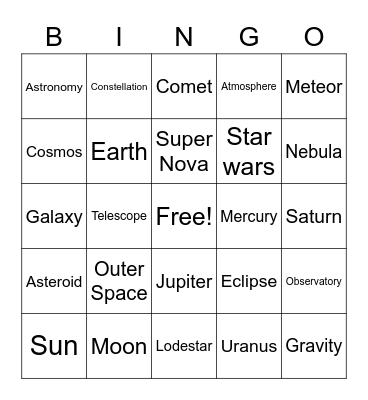 Astronomy Bingo Card