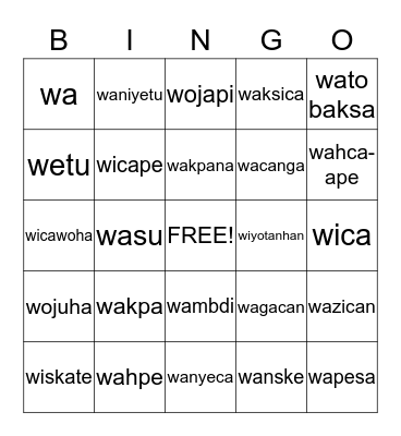 Mix Dakota verbs Bingo Card