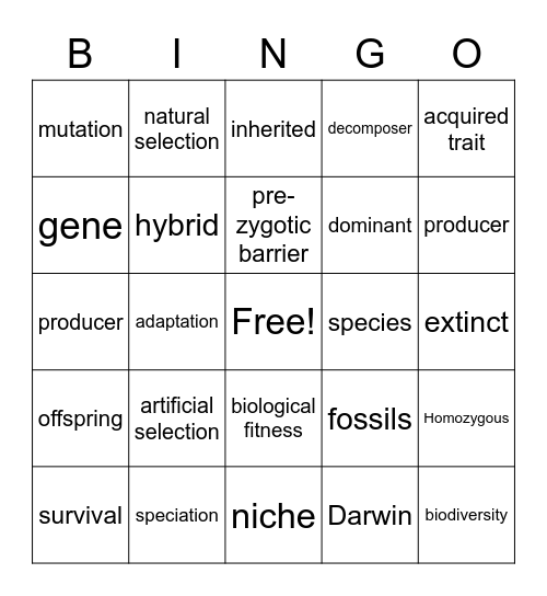 Evolution & Ecology terms Bingo Card